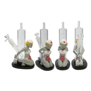 9 INCH GLASS AND RESIN ZOMBIE NURSE BONG. CLEARANCE PRICE 50% OFF!